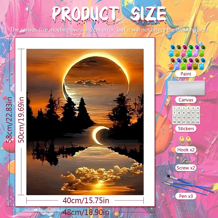 Huacan Malen nach Zahlen Set Sonnenuntergang und Mond Landschaft als DIY Ölgemälde in Multicolor - Bild 2