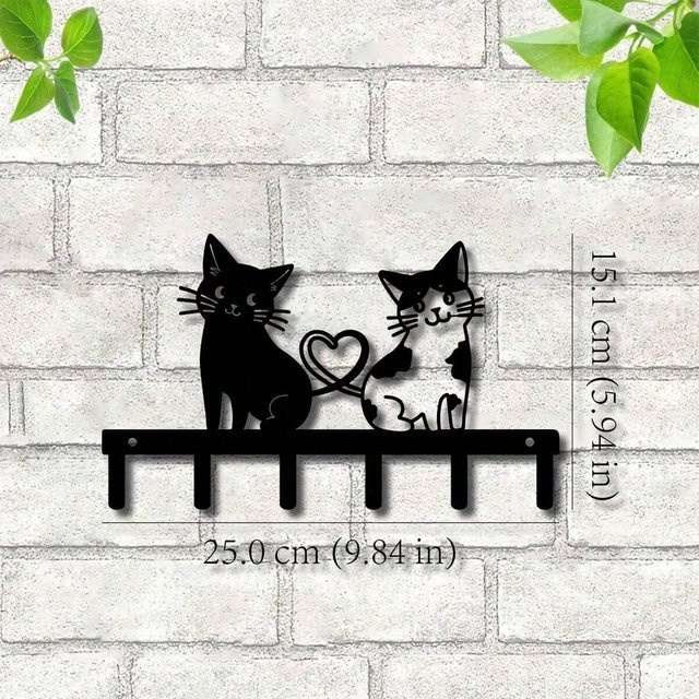 CIFBUY Brand Double Cat Schlüsselhalter zur Wandmontage aus schwarzem Metall mit Herz-Design und Aufbewahrungsregal - Bild 1