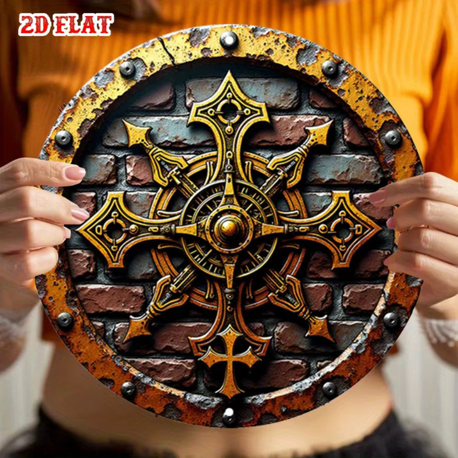 HELLOYOUNG Mittelalterliches Ritterschild aus Metall mit goldenem Kreuz, runde Wanddekoration im Vintage-Stil, Durchmesser: 20 cm - Bild 5
