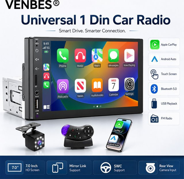 VENBES 1 DIN Autoradio mit 7 Zoll HD-Touchscreen, CarPlay, Android Auto, Bluetooth und Mirror Link in Schwarz - Bild 1