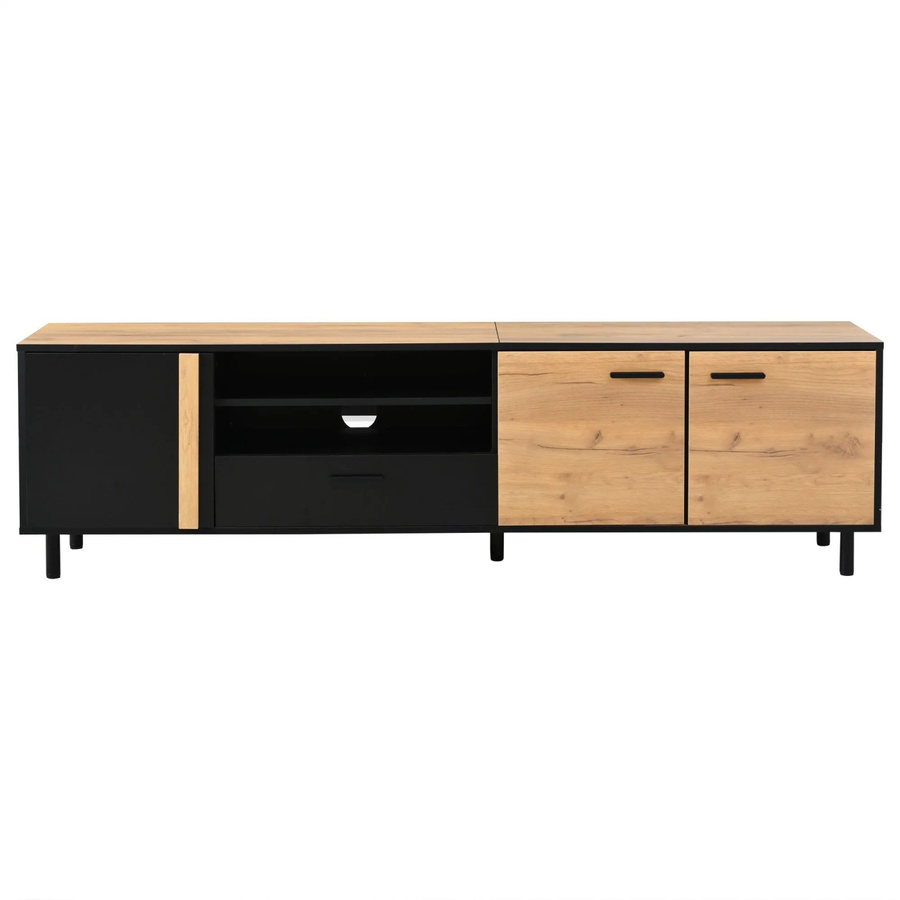 okwish TV Schrank Lowboard mit Schublade für 80 Zoll in Natur und Schwarz, modernes Wohnzimmer-TV-Möbel, B/T/H: 180 x 50 x 32,5 cm - Bild 2