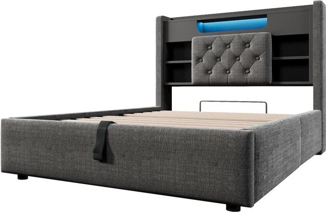 Merax Polsterbett Grau mit LED-Unterbettbeleuchtung, USB-Ladeanschluss und hydraulischem Bettkasten, B/T/H: 90 x 200 x 115 cm - Bild 1