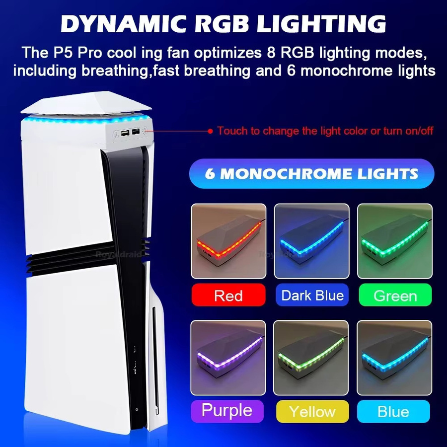 Royaldraid Staubdichter Wärmeableitungsventilator mit RGB-LED-Beleuchtung für PlayStation 5 Pro in Weiß - Bild 3