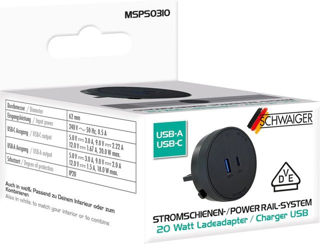 Schwaiger USB-Steckdosenadapter Powerrail für modulare Stromschienen mit 1x USB-C und 1x USB-A in Schwarz - Bild 1