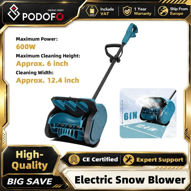 Podofo Elektrische Schneeschaufel 600 W, faltbare und tragbare Schneefräse mit verstellbarem Griff, wiederaufladbar, Blau - Bild 1