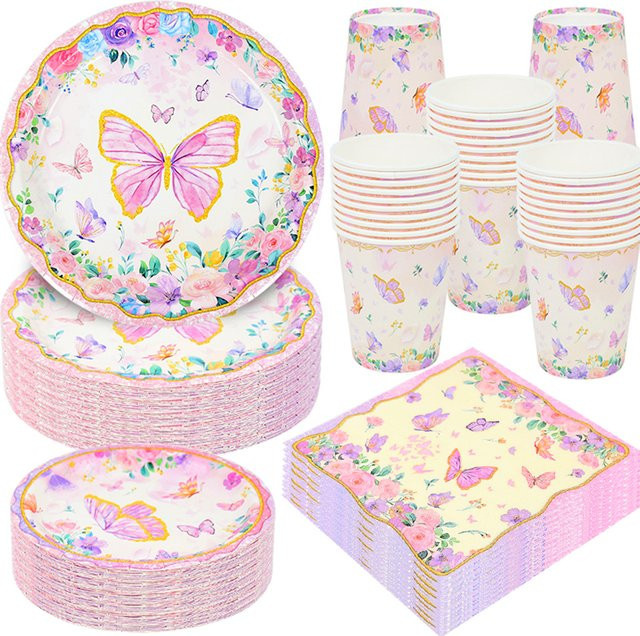 YONGSNOW Einweggeschirr Set Schmetterling in Rosa und Lila für Mädchen Geburtstag oder Baby Shower - Bild 1