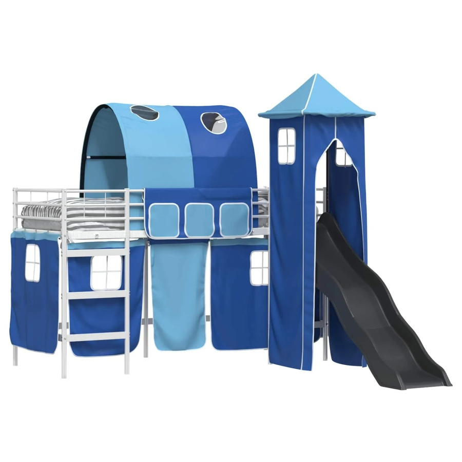 vidaXL Kinderloftbett aus Metall in Weiß, Blau und Schwarz mit Hausrahmen, B/T/H: 194 x 90 x 105 cm - Bild 2