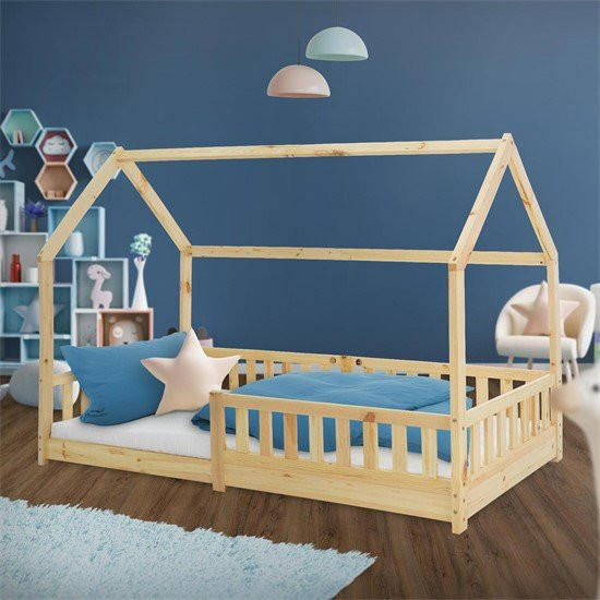 ML-Design Kinderbett Hausbett aus Kiefernholz mit Dach, Rausfallschutz und Lattenrost, Farbe: Braun, B/T/H: 90 x 200 x 142 cm - Bild 1
