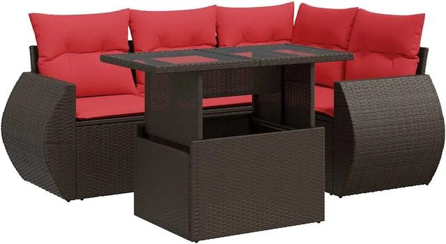 vidaXL 5-teilige Garten-Sofagarnitur aus Poly-Rattan und Akazie in Braun mit Kissen - Bild 1