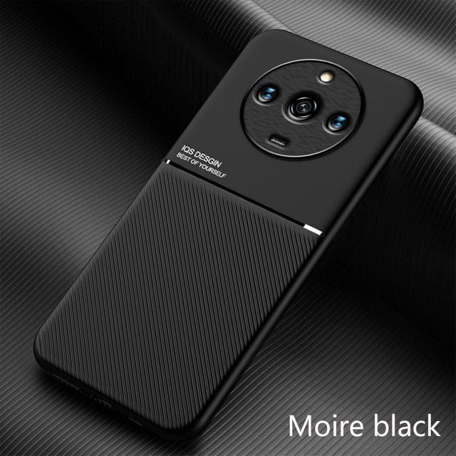 Stoßfeste Silikon-Handyhülle mit Ledertextur und Magnethalterung für Realme 11 Pro Plus 5G, Schwarz - Bild 1