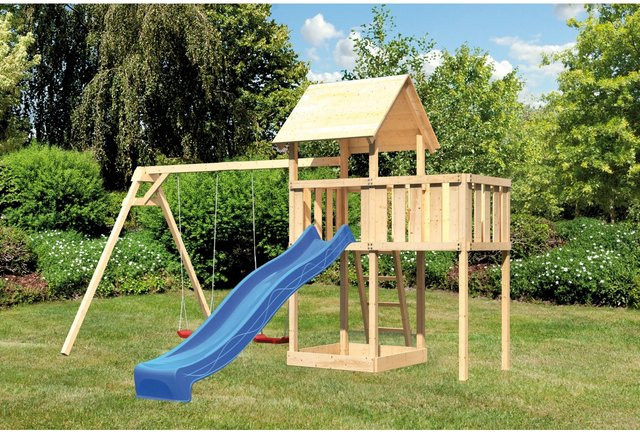 Karibu Spielturm Lotti mit Doppelschaukel, Anbauplattform und Rutsche in Blau - Bild 1