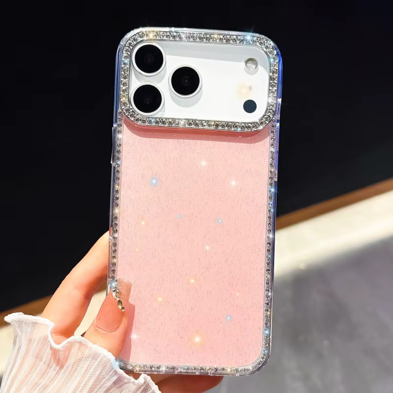Glitzernde Diamant-Kamera-Hülle für Apple iPhone 17, 16, 15, 14, 13 Pro Max und Plus in Transparent und Pink mit funkelnden Sternen und Pailletten - Bild 2