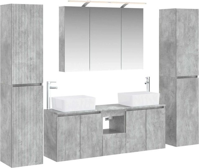 vidaXL Badezimmermöbel-Set 6-teilig in Betongrau aus Ingenieurholz und Glas mit LED-Beleuchtung und Spiegelschrank - Bild 1