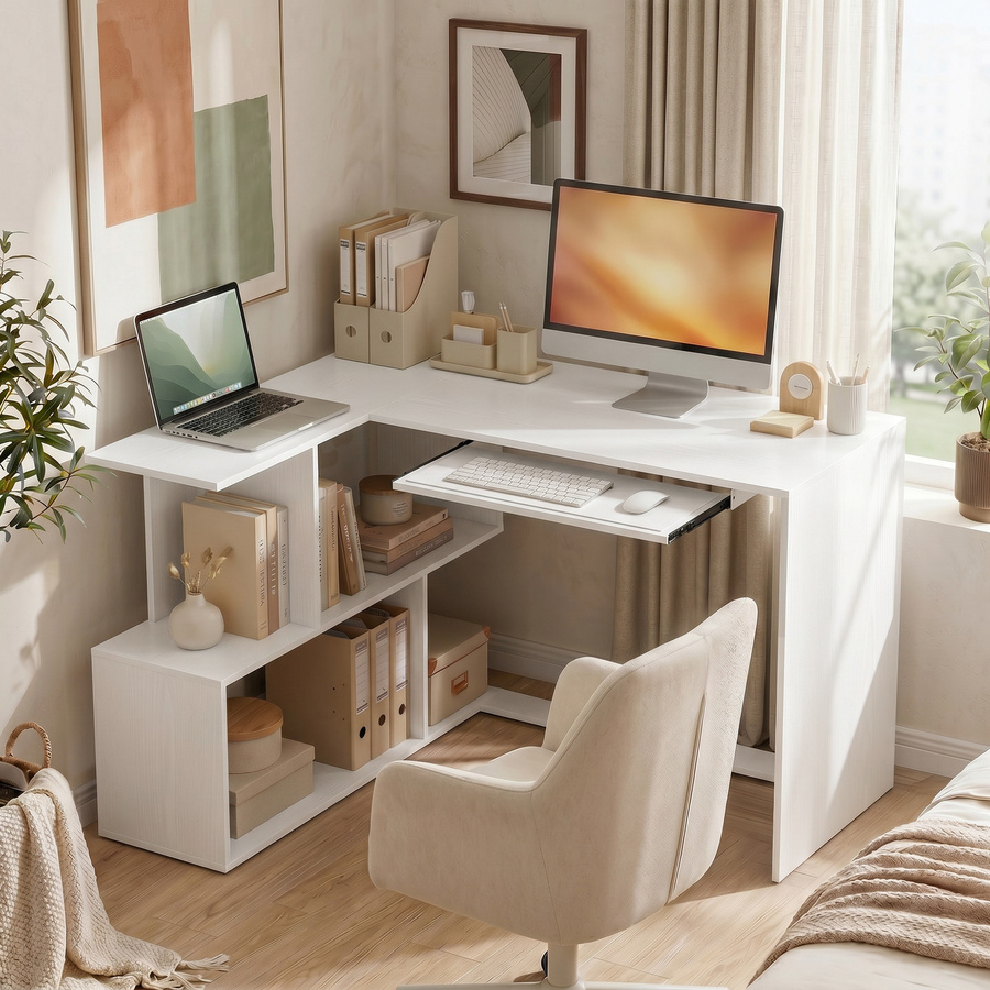 HOMCOM Eckschreibtisch mit Tastaturauszug und 4 offenen Ablagen in Weiß, moderner Computertisch für dein Home Office - Bild 2