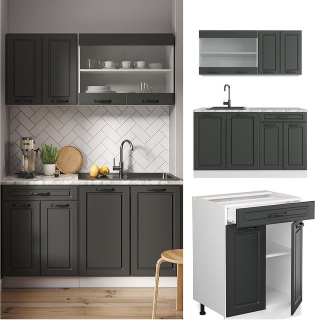 Vicco R-Line Single Küchenzeile im Landhausstil, Weiß/Anthrazit, Breite: 140 cm - Bild 1