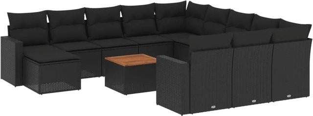 vidaXL 13-tlg. Garten-Sofagarnitur in L-Form aus Polyrattan und Akazienholz mit Kissen in Schwarz - Bild 1
