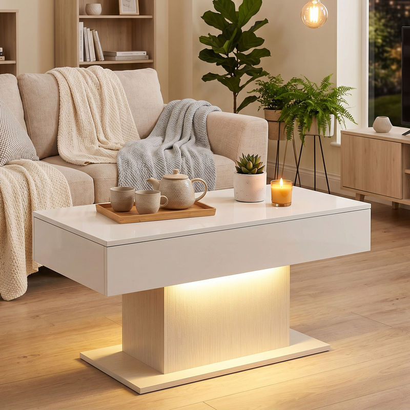 HOMCOM Couchtisch in Weiß mit Hochglanz-Finish, moderner Wohnzimmertisch mit LED-Beleuchtung und 2 Schubladen inklusive Fernbedienung, B/T/H: 108 x 48 x 55 cm - Bild 2