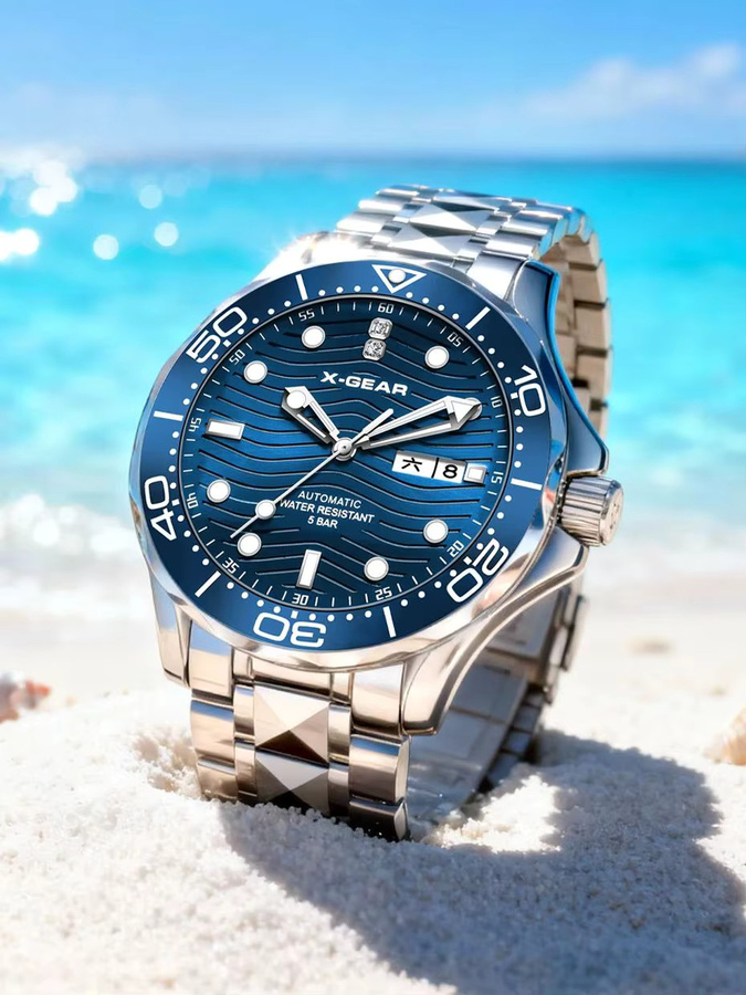 X-GEAR Armbanduhr Herren, Automatik, Edelstahl, Keramik, Blau, Leuchtzeiger - Bild 5