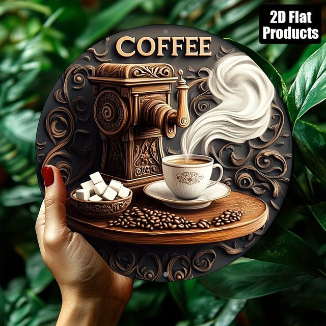 Rundes Wanddekorschild aus Aluminium von Potdemiel mit Kaffeethema und Vintage-Espressomaschinen-Design, Durchmesser: 20,3 cm - Bild 1