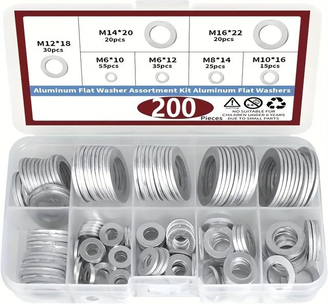 200-teiliges Ablaufstopfen-Dichtungsset aus Aluminium in Silber, Kombinationsset für Ölablassschrauben in den Größen M6, M8, M10, M12, M14 und M16 - Bild 1