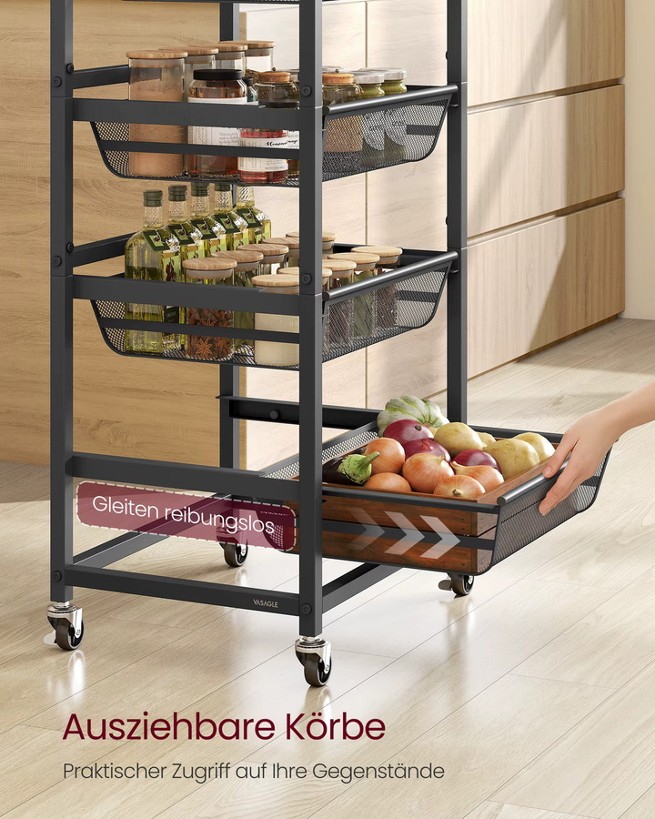 VASAGLE Servierwagen im Industrial Design mit 5 Ebenen und herausziehbaren Körben, Rollwagen für die Küche, braun-schwarz - Bild 2