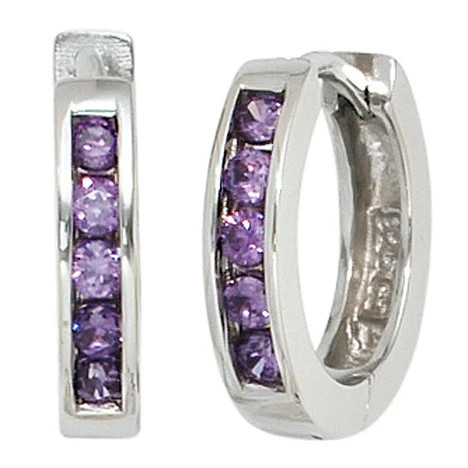 Colfem Creolen, 925 Sterling Silber, 10 Zirkonia, lila violett, Damen - Bild 1