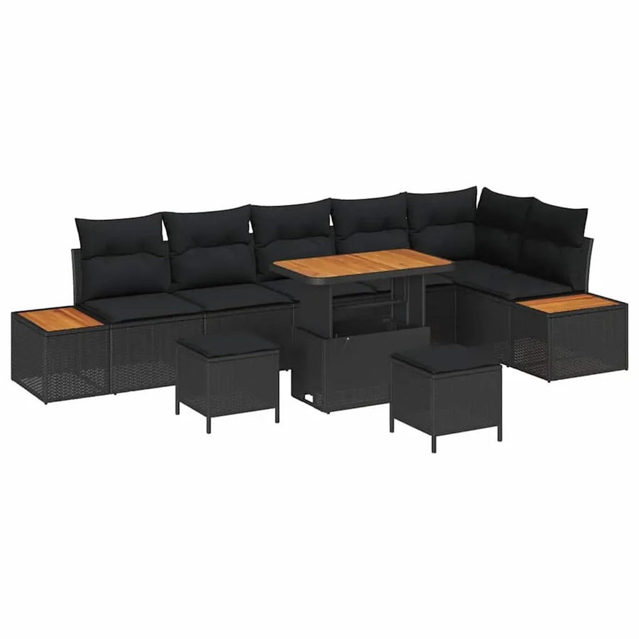 vidaXL 9-teiliges Garten-Sofaset in Schwarz aus Poly-Rattan und Akazienholz mit Kissen - Bild 2