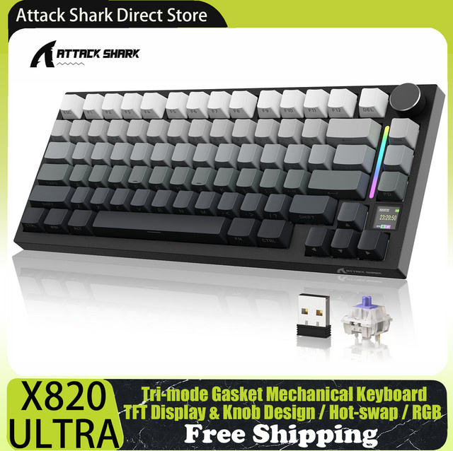 ATTACK SHARK X820 Ultra Gasket Mechanische Tastatur mit TFT-Bildschirm und Drehregler, 75% ANSI-Layout, Tri-Modus mit 5 Schallabsorbierenden Schaumstoffen - Bild 1