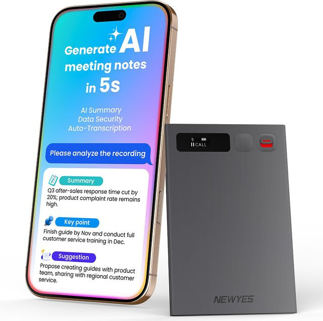 NEWYES Ailog KI-Sprachrekorder mit App-Steuerung, Transkription und Zusammenfassung, 64GB Speicher, Grau - Bild 1