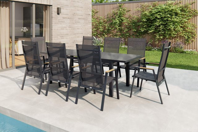 Siena Garden Miros/Savona Move Garten-Essgruppe aus Alu und Textilene in Anthrazit mit Ausziehtisch und 8 Stapelsesseln, Tisch B/T/H: 180/240 x 90 cm - Bild 1