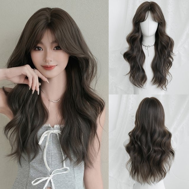 7JHH WIGS Perücke, lange gewellte Haare, kühles Braun, Damen - Bild 1