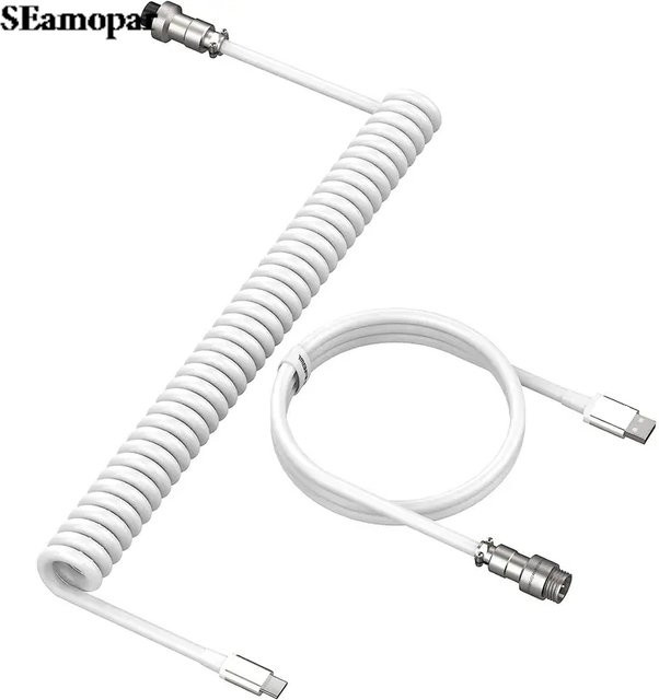 Spiralkabel USB-C auf USB-A mechanisches Tastaturkabel mit abnehmbarer Metall-Doppelhülse für Gaming-Tastaturen in Pink und Weiß - Bild 1