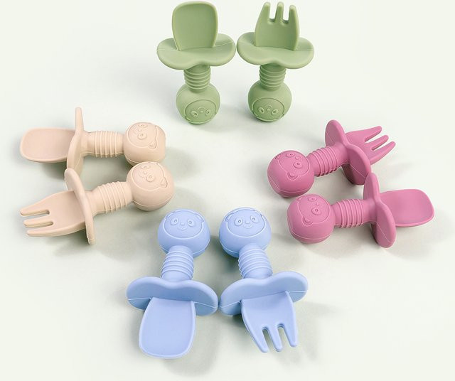 2er-Set Silikon Besteck für Babys mit ergonomischem Griff zum Training der Beikost, Löffel und Gabel - Bild 1
