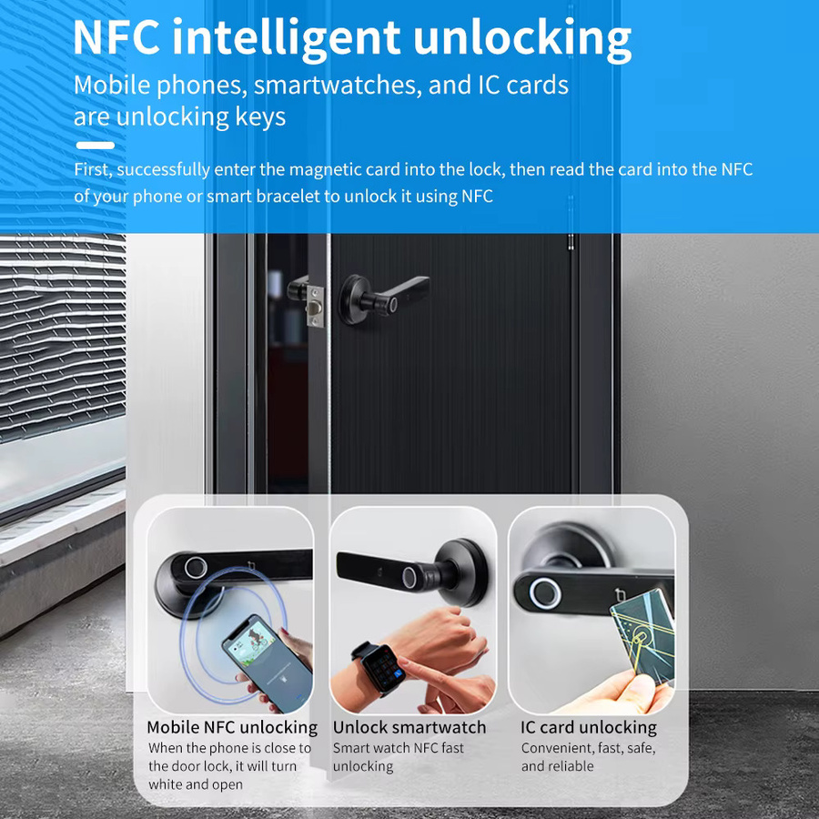 Tuya Bluetooth Smart Türschloss in Schwarz mit Fingerabdruck, Passwort und digitalem Schlossgriff sowie optionalem WLAN-Gateway - Bild 2