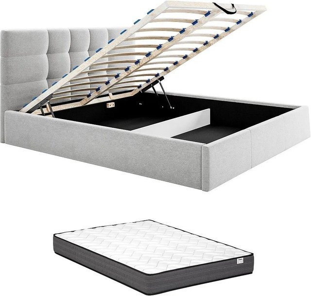 Vente-unique Bett Eliava mit Bettkasten, gepolstert, Hellgrau, B/T: 140 x 190 cm - Bild 1