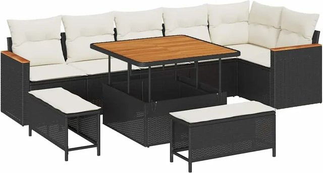 vidaXL Garten-Sofa-Set 9-teilig aus Poly-Rattan und Akazienholz in Schwarz mit Kissen - Bild 1