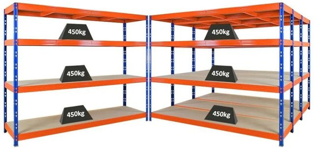PROREGAL Rhino 4er Set Profi Schwerlastregal mit 4 verstellbaren Spanplatten-Ebenen, Blau/Orange, H x B x T: 180 x 240 x 60 cm - Bild 1