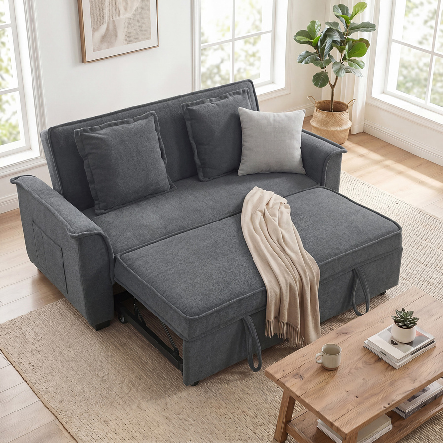 HOMCOM 2-Sitzer Schlafsofa in Chenille-Optik mit Schlaffunktion, ausziehbarer Schlafcouch mit verstellbarer Rückenlehne und Seitentaschen, Dunkelgrau, B/T/H: 135 x 181 cm - Bild 2
