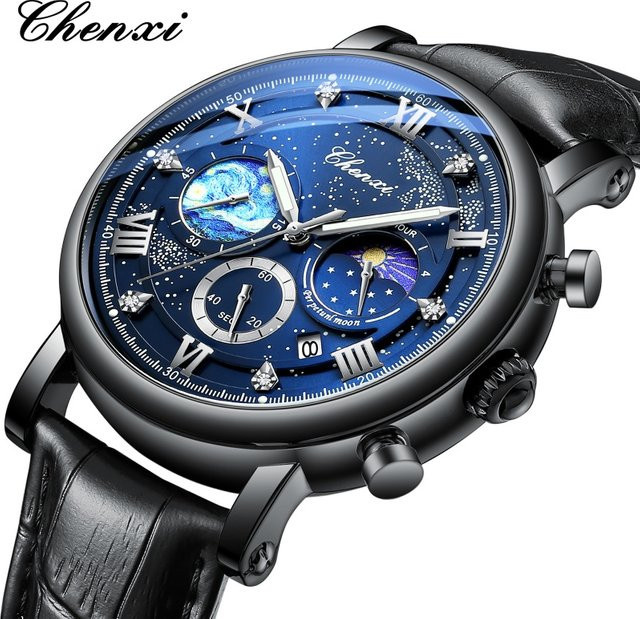 CHENXI Chronograph Herren, Quarz, Edelstahl, Blau, Lederarmband - Bild 1