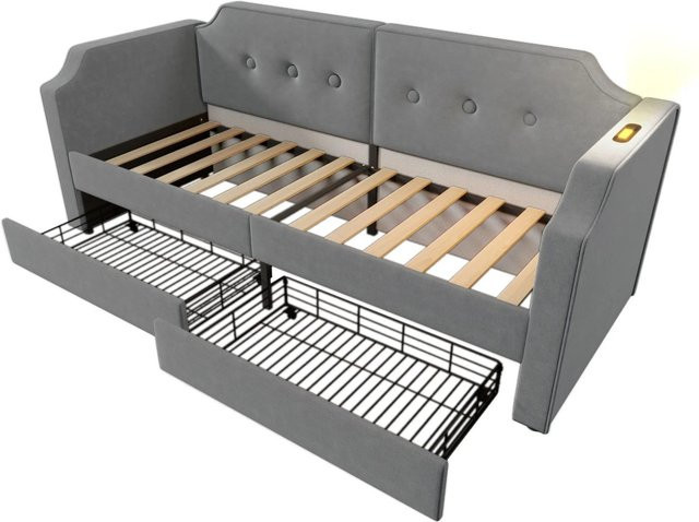 Merax Sofabett in Grau mit Schubladen, USB-C Ladestation und integriertem Leselicht, B/T/H: 90 x 200 cm - Bild 1