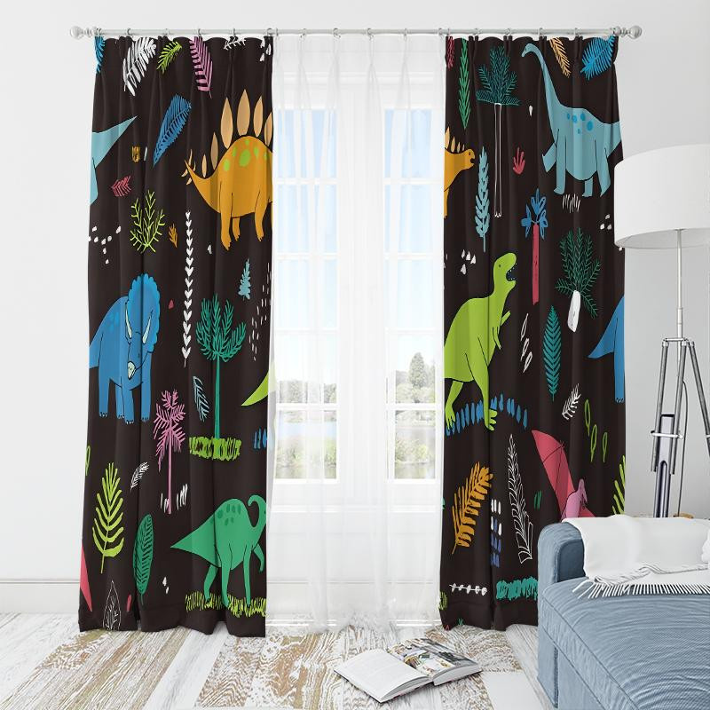 2er-Set Yiran Furniture Vorhänge mit Anime Dinosaurier Motiv aus Polyester, halbtransparent, Mehrfarbig, B: 35 cm, H: 100 cm - Bild 3