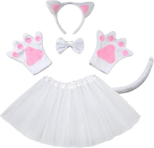 Schwarzes Katzenohren-Haarband, Tutu-Rock, Schwanz, Handschuhe, Set, Schwarz, Weiß - Bild 1