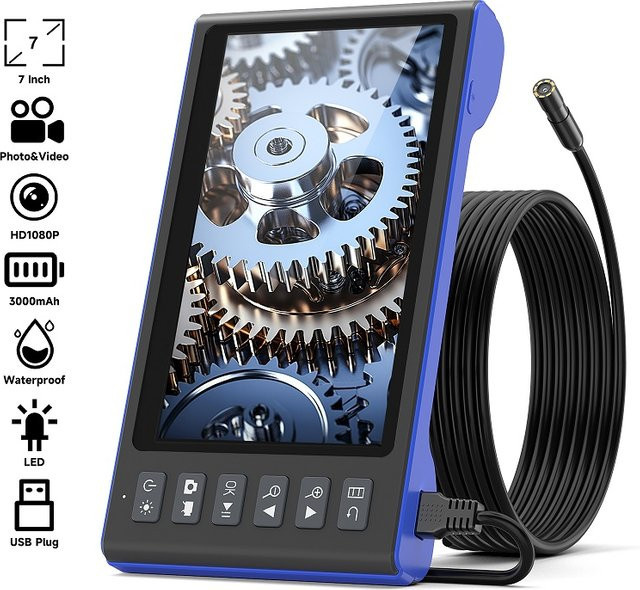 ILIHOME Industrie-Endoskop mit 7 Zoll IPS-Bildschirm, HD1080P Autofokus Kamera, wasserdicht mit LED und USB-Anschluss, Farbe: Blau - Bild 1