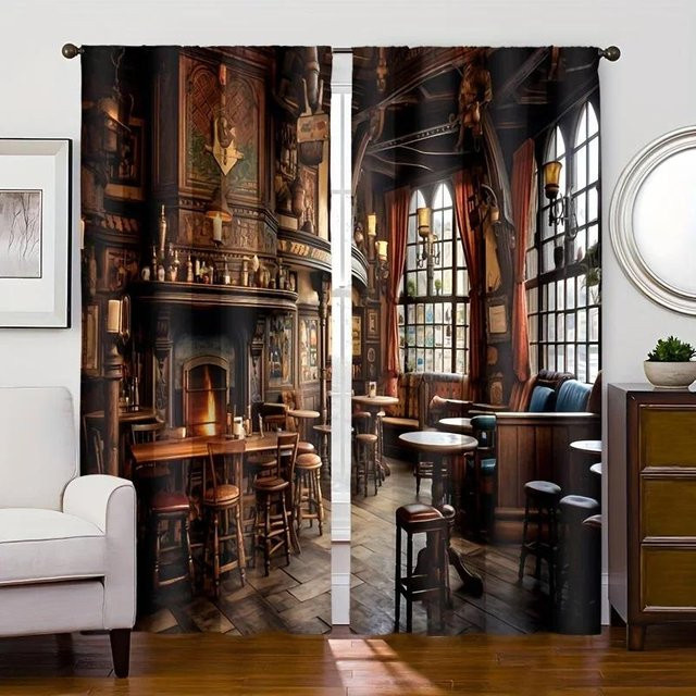 2-teiliges Gothic Castle Vorhang-Set mit 3D-Digitaldruck in Rot und Braun, halbtransparent aus Polyester, Breite: 65 cm, Höhe: 60 cm - Bild 1