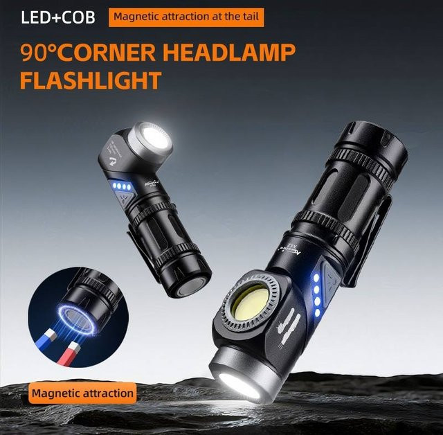 Alonefire 2-in-1 LED-Taschenlampe und 90 Grad drehbare Stirnlampe mit Magnet in Schwarz - Bild 1
