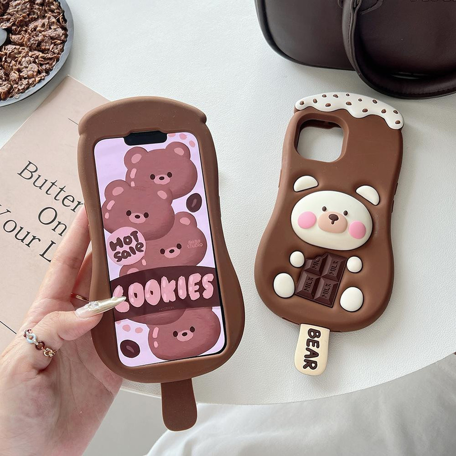 Kawaii 3D Cartoon Schokoladen-Eisbär Handyhülle aus weichem Silikon für iPhone 16 15 14 13 12 Pro Max 11 in Braun - Bild 2