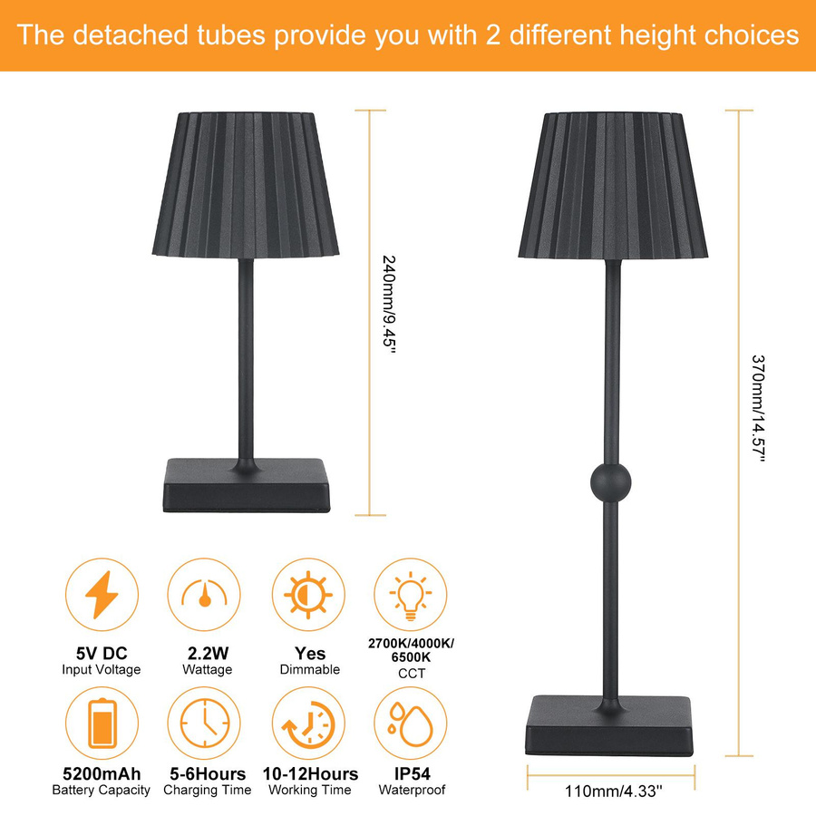 TOMTOP JMS Schreibtischlampe Schwarz, dimmbare und höhenverstellbare Nachttischlampe mit Touch-Funktion, wiederaufladbare Augenpflege-Leuchte für Schlafzimmer und Home-Office - Bild 5