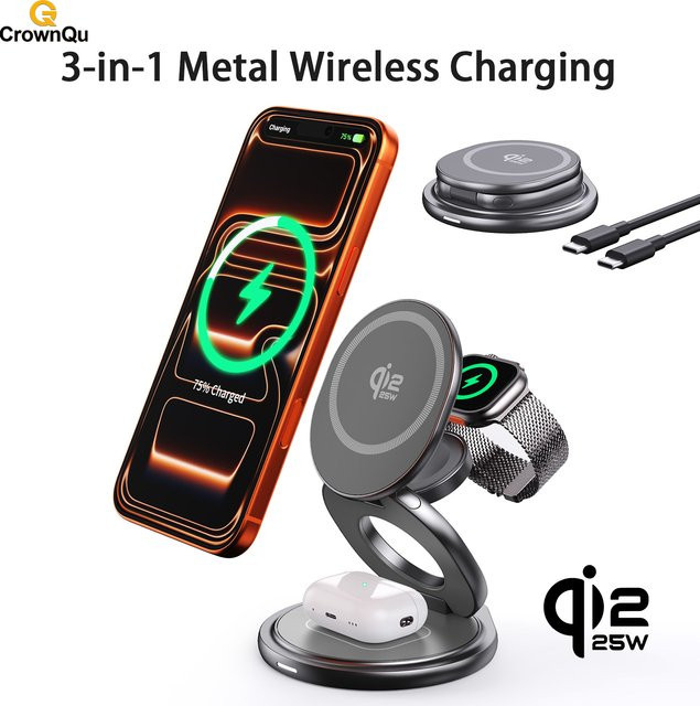CrownQu Qi2.2 25W Metall-Wireless-Ladegerät Tragbare Schnellladestation mit 360 Grad drehbarer Halterung für iPhone, Apple Watch und AirPods in Silber - Bild 1