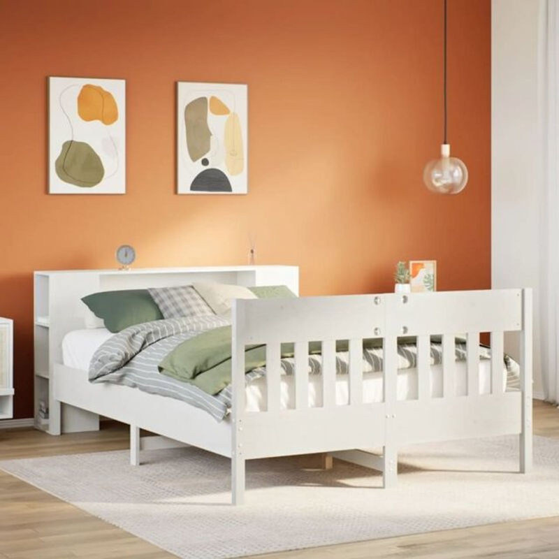 Massivholzbett Vidaxl aus Kiefer mit Regal in Weiß, B/T/H: 135 x 190 x 82 cm - Bild 1