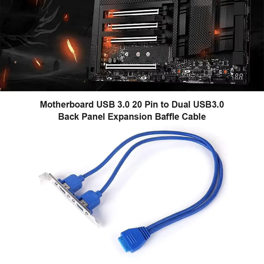 PC Mainboard 20 Pin zu Dual USB 3.0 Schallwand Adapter Kabel mit Rückseite Halterung und Verlängerung, 5 Gbit/s, Blau, Länge: 50 cm - Bild 3